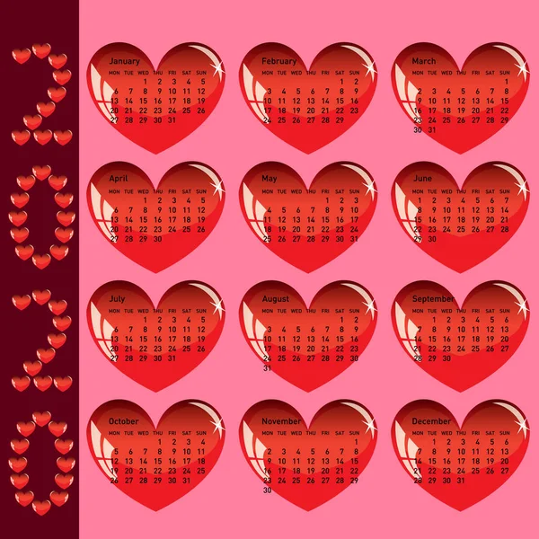 Stylish calendar with red hearts for 2020 — Stock Vector