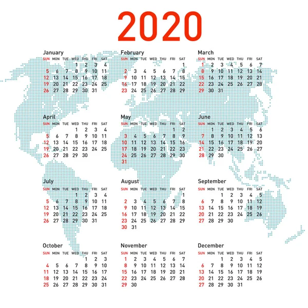 Calendario 2020 con mappa del mondo. La settimana inizia la domenica — Vettoriale Stock