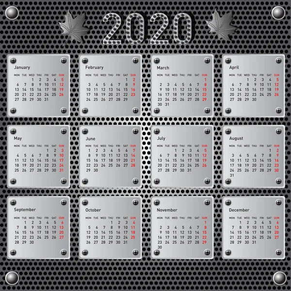 Stylový kalendář s kovovým efektem pro 2020 — Stockový vektor