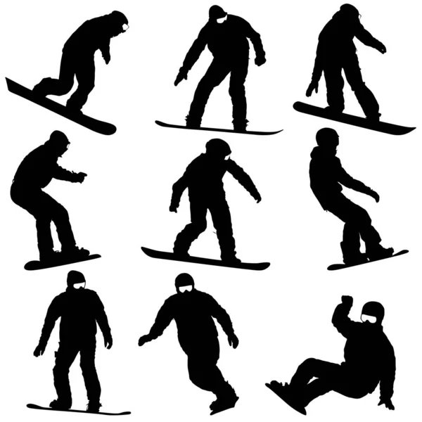 Set silhouette nere snowboarder su sfondo bianco — Vettoriale Stock