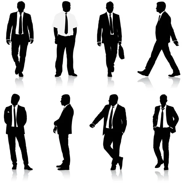 Set silueta hombre de negocios en traje con corbata sobre fondo blanco — Vector de stock