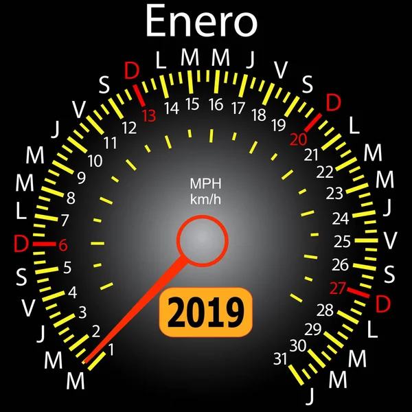 Calendario 2019 auto tachimetro anno in spagnolo gennaio — Vettoriale Stock