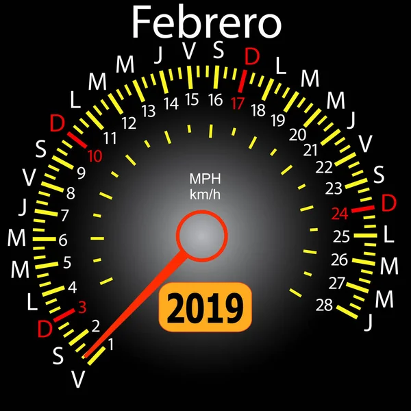 Calendario 2019 auto tachimetro anno in spagnolo febbraio — Vettoriale Stock