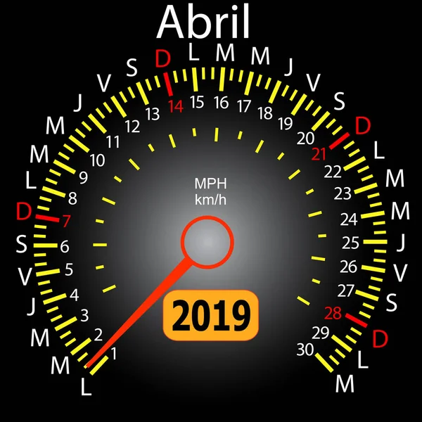 2019 año calendario velocímetro coche en español abril — Vector de stock