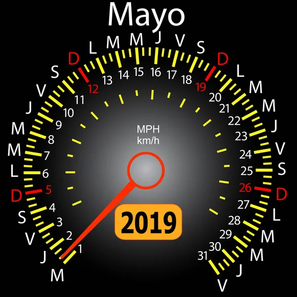 2019 anno calendario tachimetro auto in spagnolo maggio — Vettoriale Stock