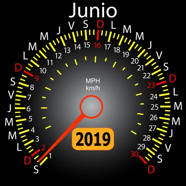 Calendario 2019 anno tachimetro auto in spagnolo giugno — Vettoriale Stock