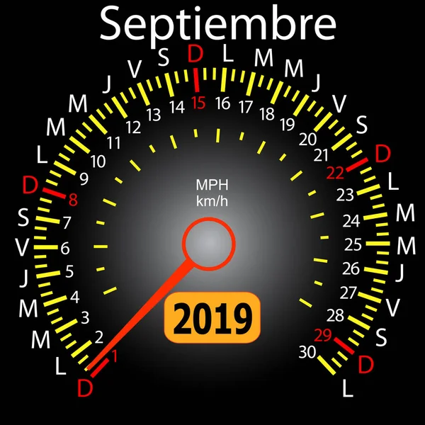 2019 año calendario velocímetro coche en español septiembre — Archivo Imágenes Vectoriales