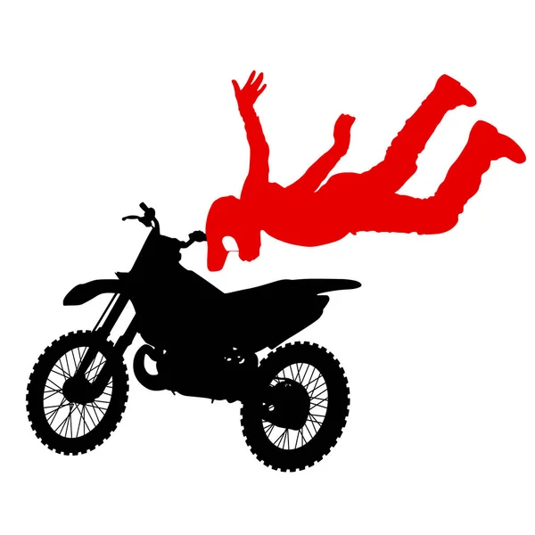 Silueta motocyklový závodník provádí trik na bílém pozadí — Stockový vektor
