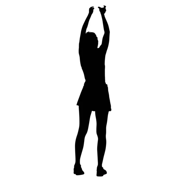 Siluetas negras mujeres con el brazo levantado sobre un fondo blanco — Vector de stock