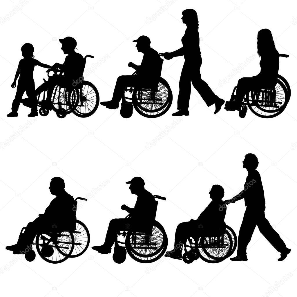 Silhouettes disabled in a wheel chair on a white background