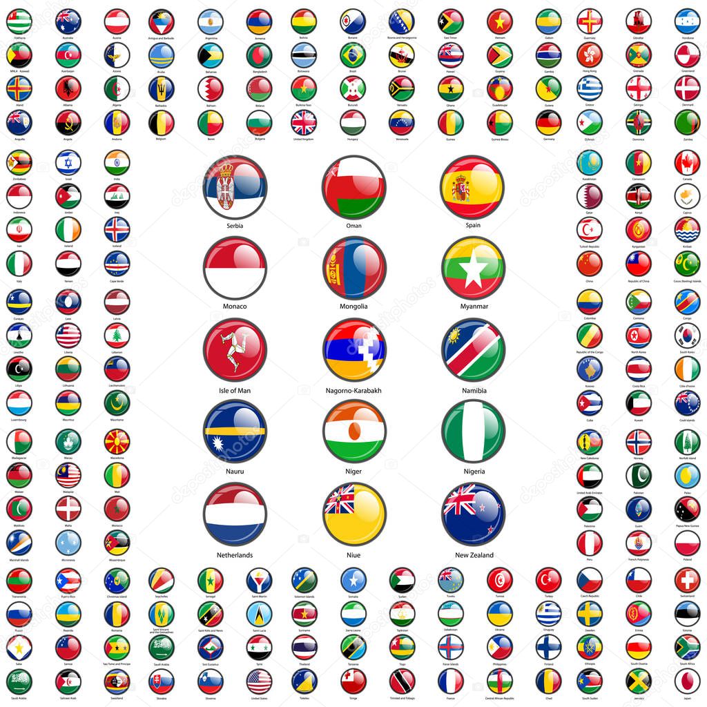 Set circle icon Flags of world sovereign states signed by the countries names