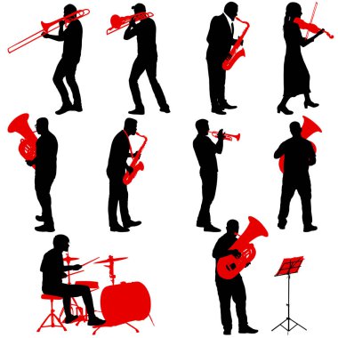 Trombon, davulcu, tuba, trompet, saksafon, beyaz bir arka plan üzerinde oynarken müzisyen set silüeti