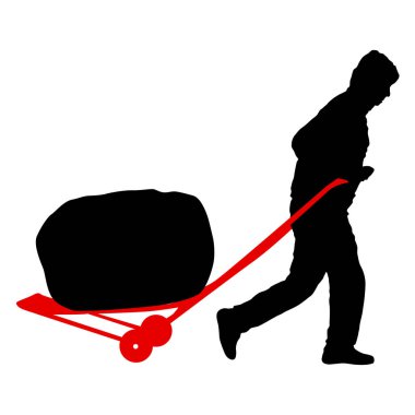 Beyaz arka plan üzerinde izole el arabası ve taşımak büyük bir kutu iterek siyah siluet çalışkan