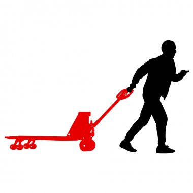 Beyaz arka plan üzerinde izole el arabası ve taşımak büyük bir kutu iterek siyah siluet çalışkan