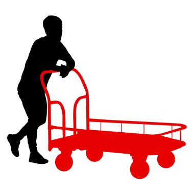 Beyaz arka plan üzerinde izole el arabası ve taşımak büyük bir kutu iterek siyah siluet çalışkan