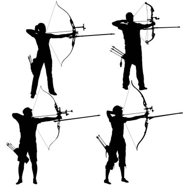 Siluet bir yay bükme ve hedef hedefleyen çekici erkek ve dişi archer ayarla