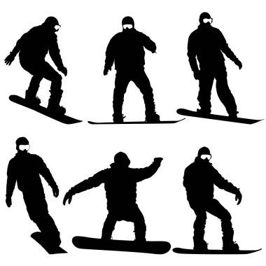 Beyaz arka plan üzerinde siyah siluetler snowboard ayarlayın. Vektör
