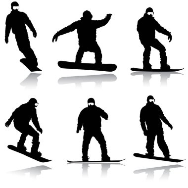 Beyaz arka plan üzerinde siyah siluetler snowboard ayarlayın. Vektör