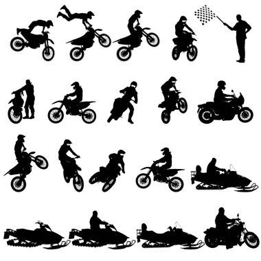 Motorcu motocross siluetleri, vektör çizim seti