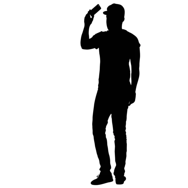 Silhouettes man taking selfie with smartphone on white background — Stock Vector