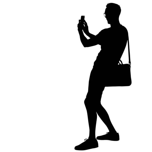 Silhouettes homme prenant selfie avec smartphone sur fond blanc — Image vectorielle