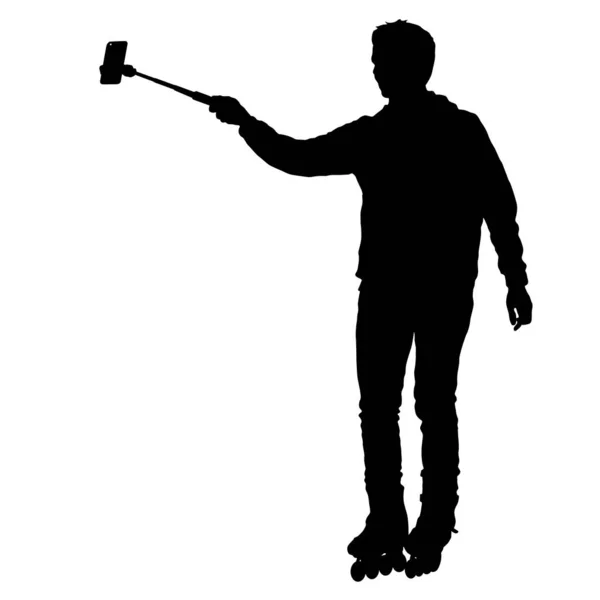 Silhuetas homem tomando selfie com smartphone no fundo branco — Vetor de Stock