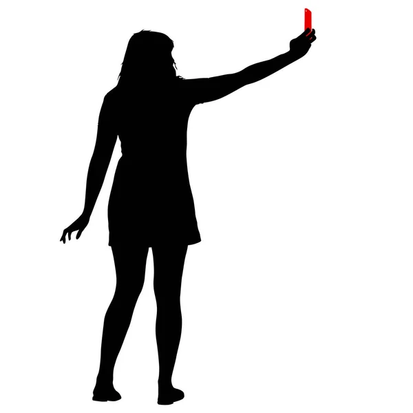 Siluet kadın beyaz arka planda akıllı telefonuyla selfie çekiyor. — Stok Vektör