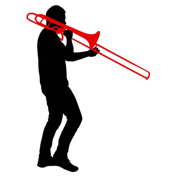 Beyaz arka planda trombon çalan müzisyen silueti. — Stok Vektör