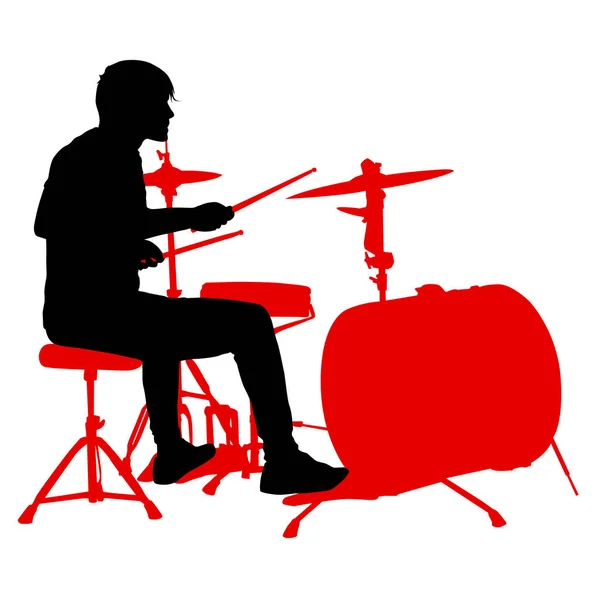 Silhouet muzikant, drummer op witte achtergrond, vector illustratie — Stockvector