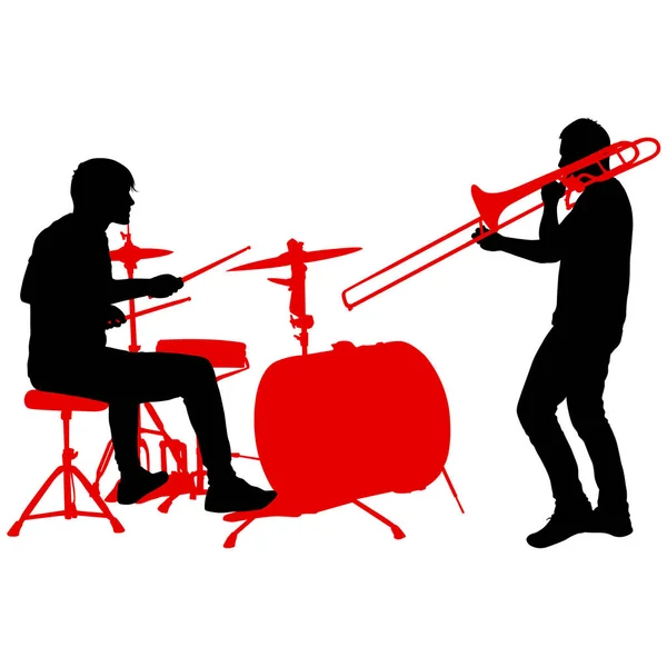 Silhouette of musician playing the trombone and drummer on a white background — Stock Vector