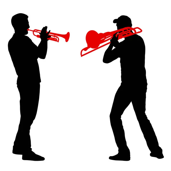 Silhouette del musicista che suona trombone e tromba su sfondo bianco — Vettoriale Stock