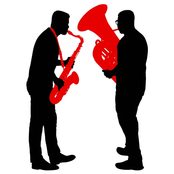 Silueta de músico tocando el saxofón y la tuba sobre un fondo blanco — Archivo Imágenes Vectoriales