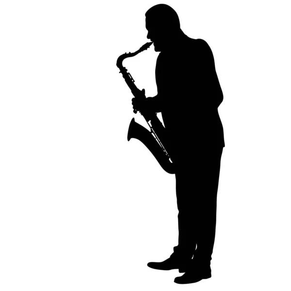 Silhouet van muzikant die saxofoon speelt op een witte achtergrond — Stockvector