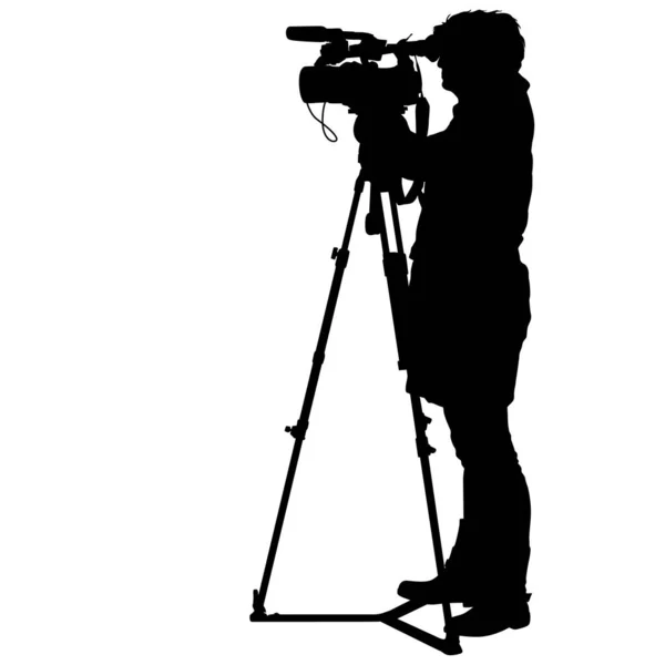ビデオカメラ付きのカメラマン。白い背景のシルエット — ストックベクタ
