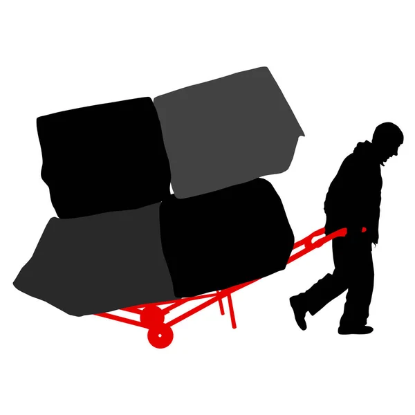 Negro silueta duro trabajador empujando carretilla y llevar gran caja aislada sobre fondo blanco — Archivo Imágenes Vectoriales