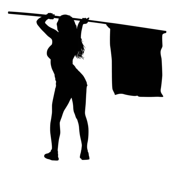 Černé siluety ženy s vlajkou na bílém pozadí — Stockový vektor