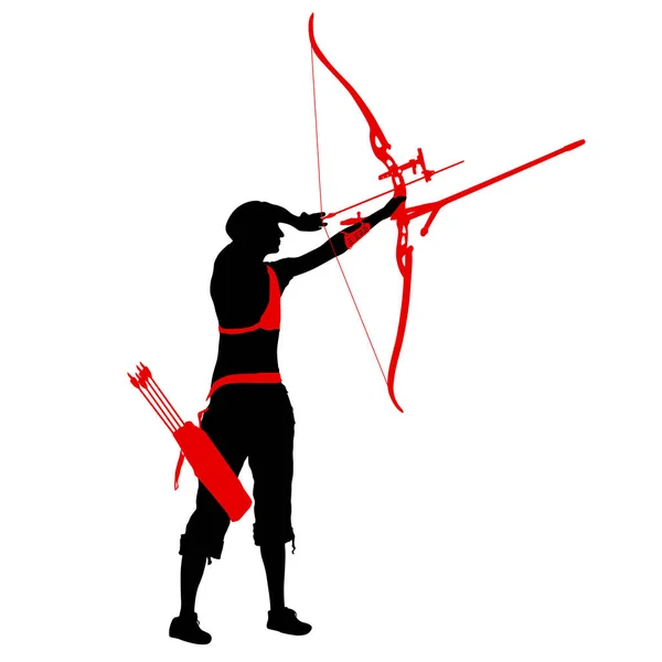 Silueta atractiva arquera femenina doblando un arco y apuntando en el objetivo — Vector de stock