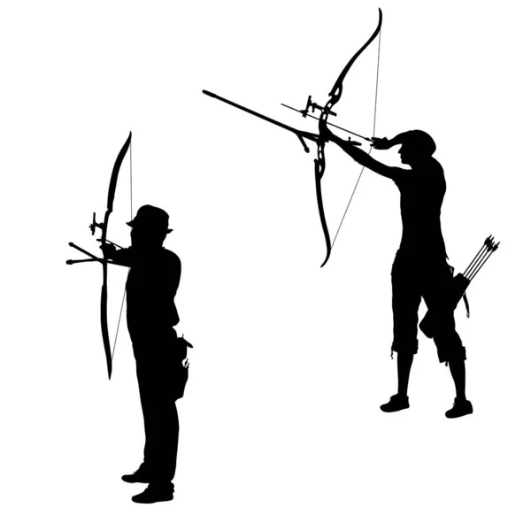 Set silhouette attractive female and male archer bending a bow and aiming in the target — Stock Vector