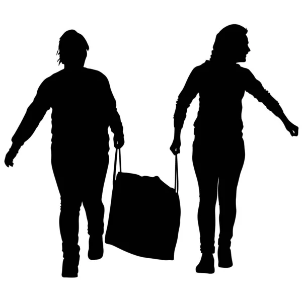 Silueta de la gente que lleva el equipaje del bolso en el fondo blanco — Vector de stock