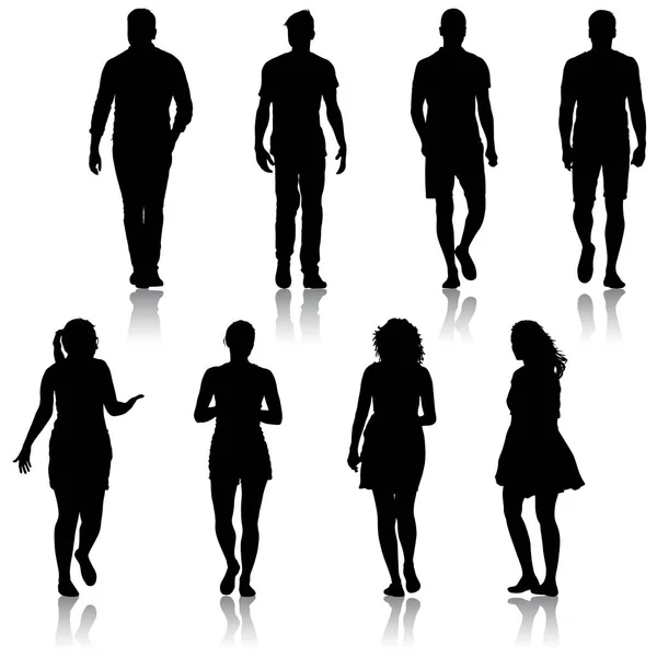 Nero silhouette gruppo di persone in piedi in varie pose — Vettoriale Stock