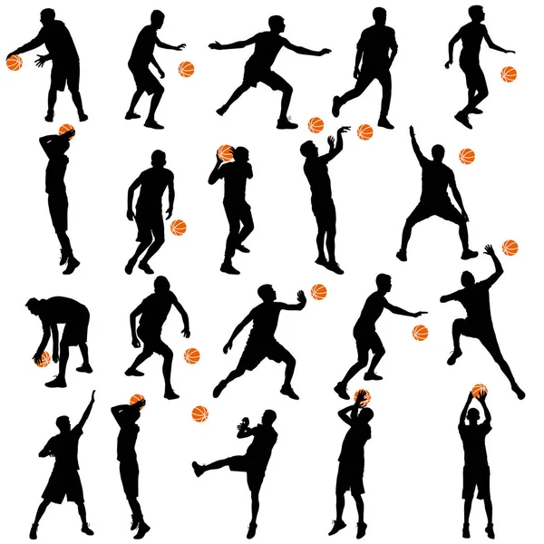 Zwarte silhouetten reeks mannen spelen basketbal op een witte achtergrond — Stockvector