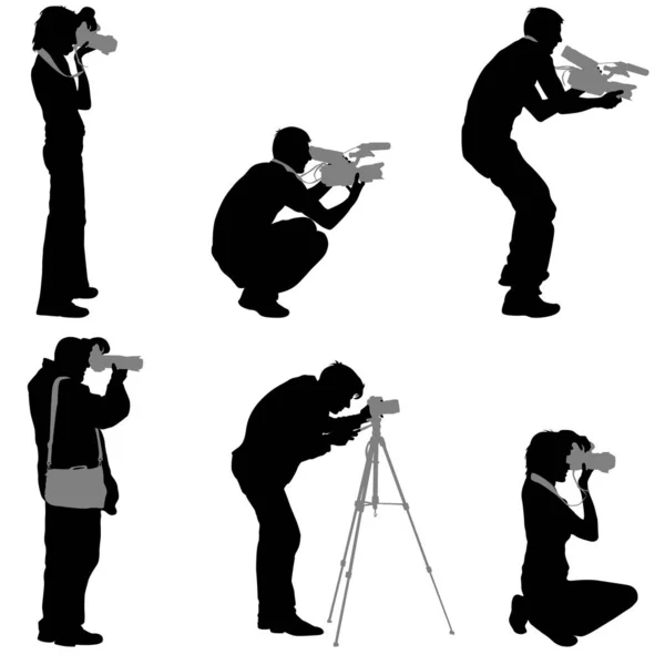 Set de camarógrafo con cámara de vídeo. Siluetas sobre fondo blanco. Ilustración vectorial — Vector de stock