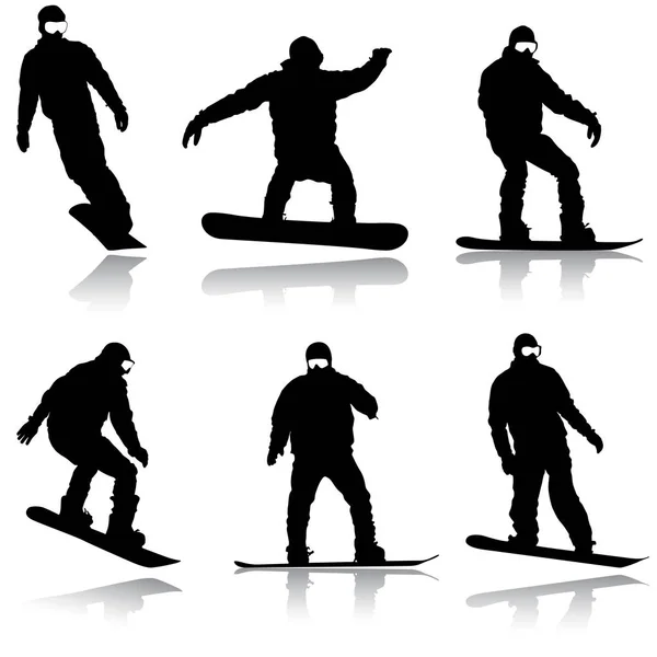 Set noir silhouettes snowboarders sur fond blanc. Vecteur — Image vectorielle