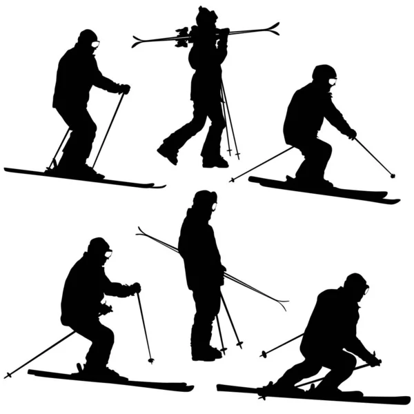 Definir esquiador de montanha acelerando declive abaixo. Sílhueta desportiva vetorial —  Vetores de Stock