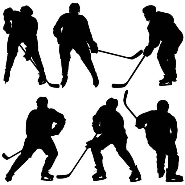 Juego de siluetas jugador de hockey. Aislado sobre blanco. ilustraciones vectoriales — Archivo Imágenes Vectoriales