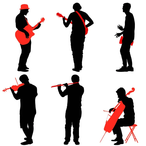 Silhouetten Straßenmusiker spielen Instrumente. Vektorillustration — Stockvektor