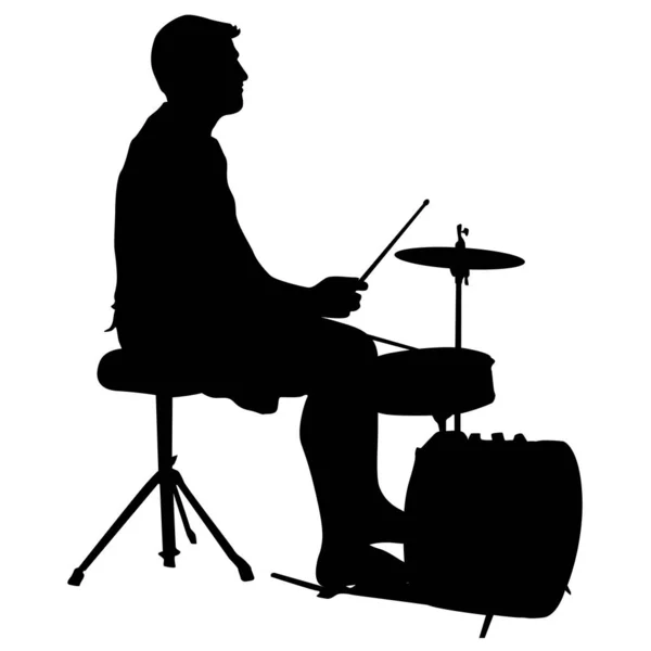 Silueta músico, baterista sobre fondo blanco, ilustración vectorial — Archivo Imágenes Vectoriales