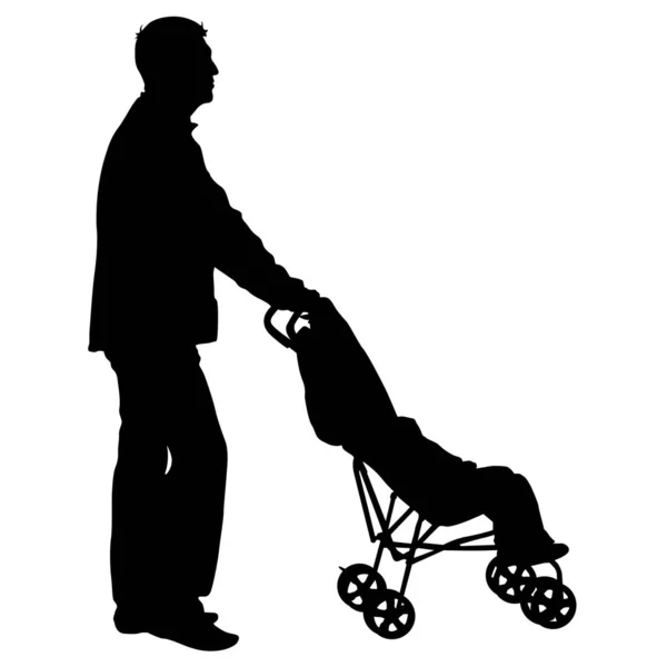 Siluetas negras padre con cochecito sobre fondo blanco. Ilustración vectorial — Archivo Imágenes Vectoriales