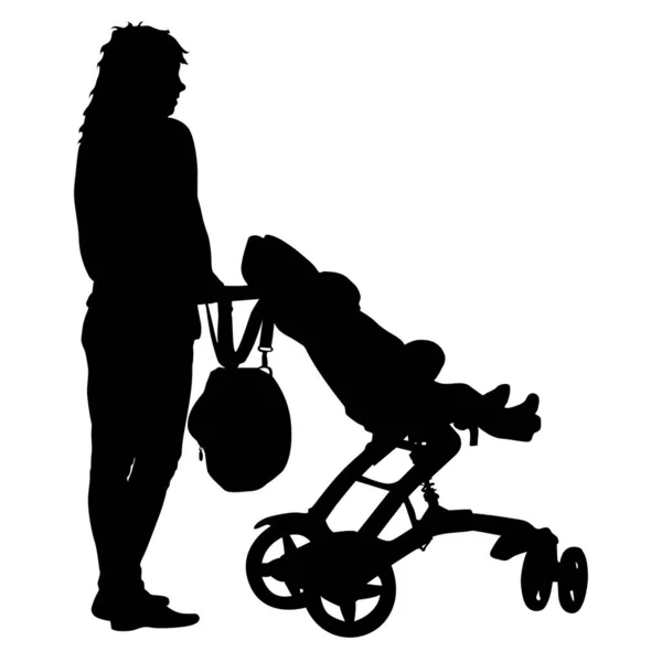 Черные силуэты Семья с коляской на белом фоне. Векторная иллюстрация — стоковый вектор