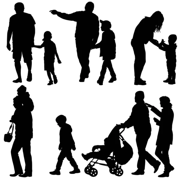 Zwarte silhouetten familie met kinderwagen op witte achtergrond instellen Vectorillustratie — Stockvector